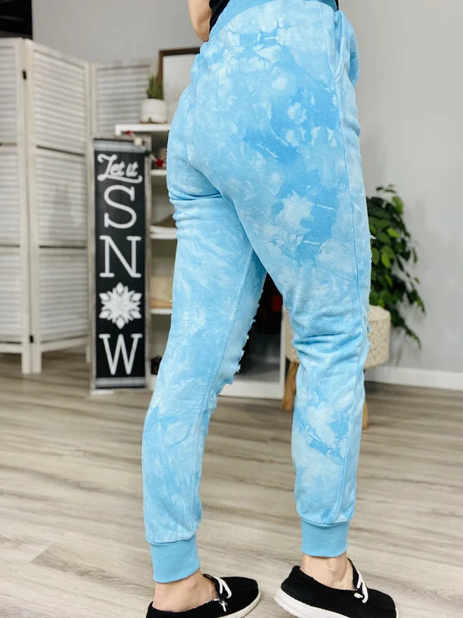 Reg/Plus Sky Blue Tie Dye Distressed Joggers w/ Drawstring & Pockets