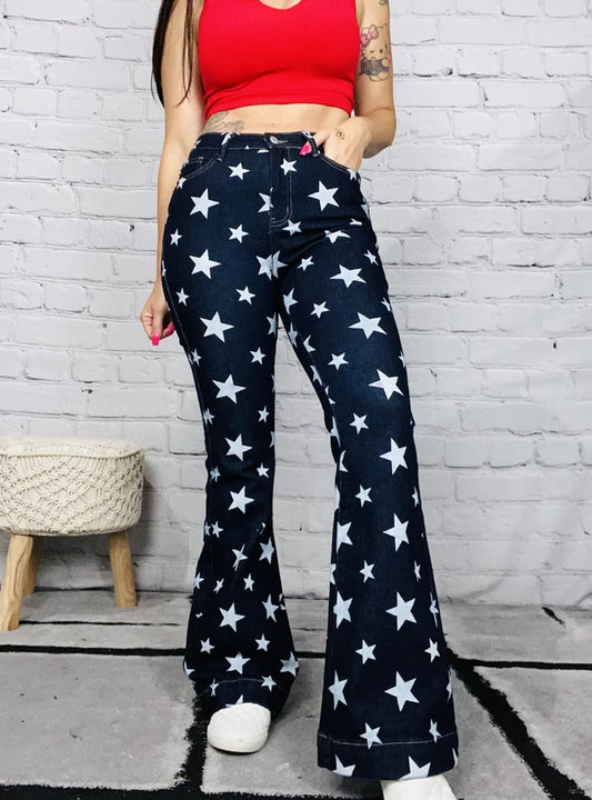 Judy Blue - "Betsy" Dark Blue High-Waisted Star Print Flare Jeans - Reg/Plus