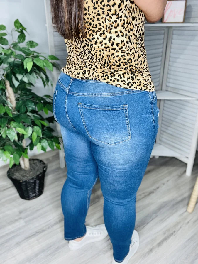 Reg/Plus Medium Blue Distressed Skinny Jeans