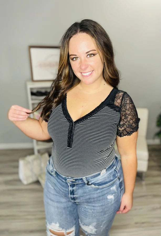 Reg/Plus Black/White Striped Short Sleeve Bodysuit