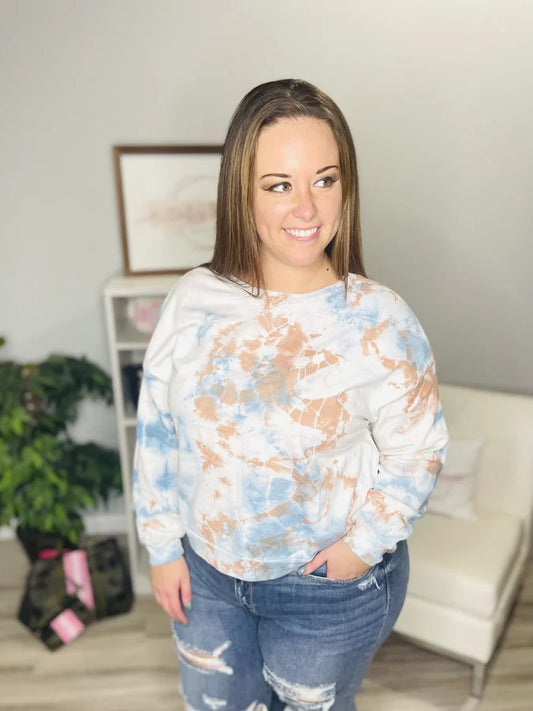 Reg. Blue/Dark Beige Tie Dye Long Sleeve Top