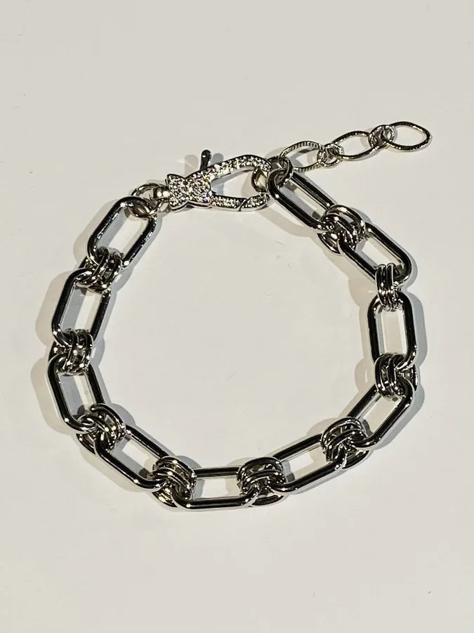 Rhodium Plated Chain Bracelet w/ Pave Cubic Zirconia Closure - 7" +1