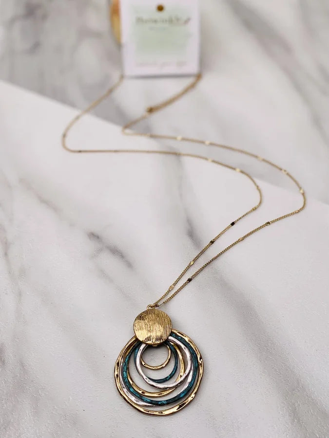 Gold Long Necklace w/ Tri-Tone Pendant by Periwinkle