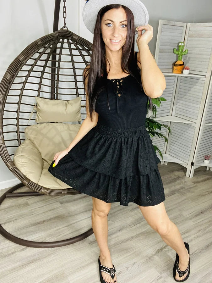 Reg/Plus Black Eyelet Layered Skirt