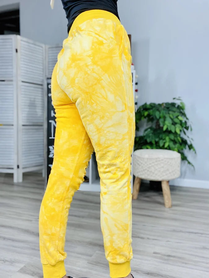 Reg/Plus Golden Yellow Tie Dye Distressed Joggers w/ Drawstring & Pockets