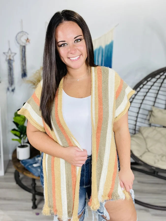 Tan/Ivory Striped Fuzzy Poncho-Style Cardigan