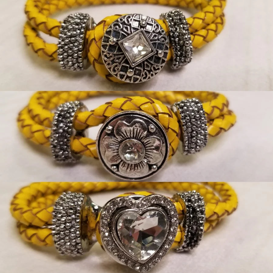 YELLOW LEATHER BRAIDED BRACELET W/ BLING SNAP