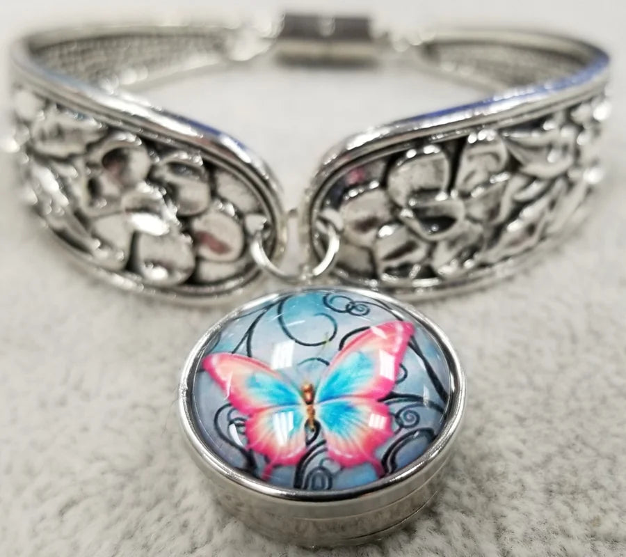 SILVER SPOON SNAP BRACELET W/ BUTTERFLY SNAP & MAGNETIC CLOSURE