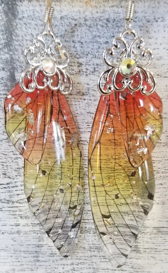 ORANGE HANDMADE FAIRY FOIL RHINESTONE BUTTERFLY EARRINGS