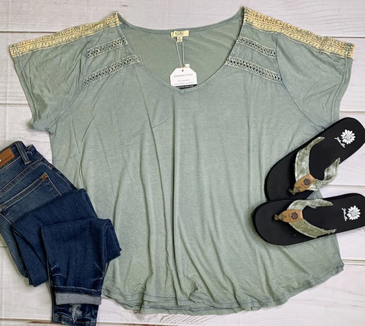 Sage Green Double Trim Short Sleeve Top