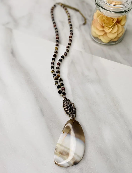 Brown Beaded Necklace w/ Large Stone Pendant