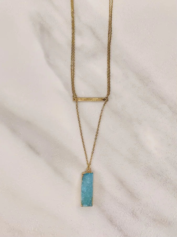 Gold Necklace w/ Bar Pendant & Aqua Druzy