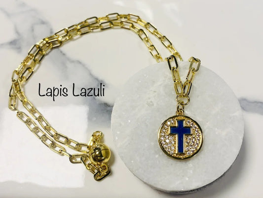 18" Gold Link Chain w/ Pave Crystal Pendant & Natural Stone Cross