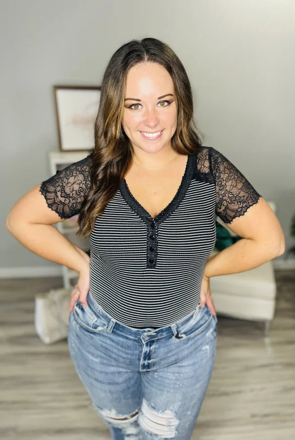 Reg/Plus Black/White Striped Short Sleeve Bodysuit