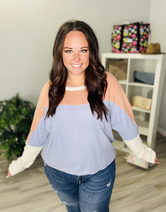 Reg Misty Blue/Peach Color Block Dolman Long Sleeve Top