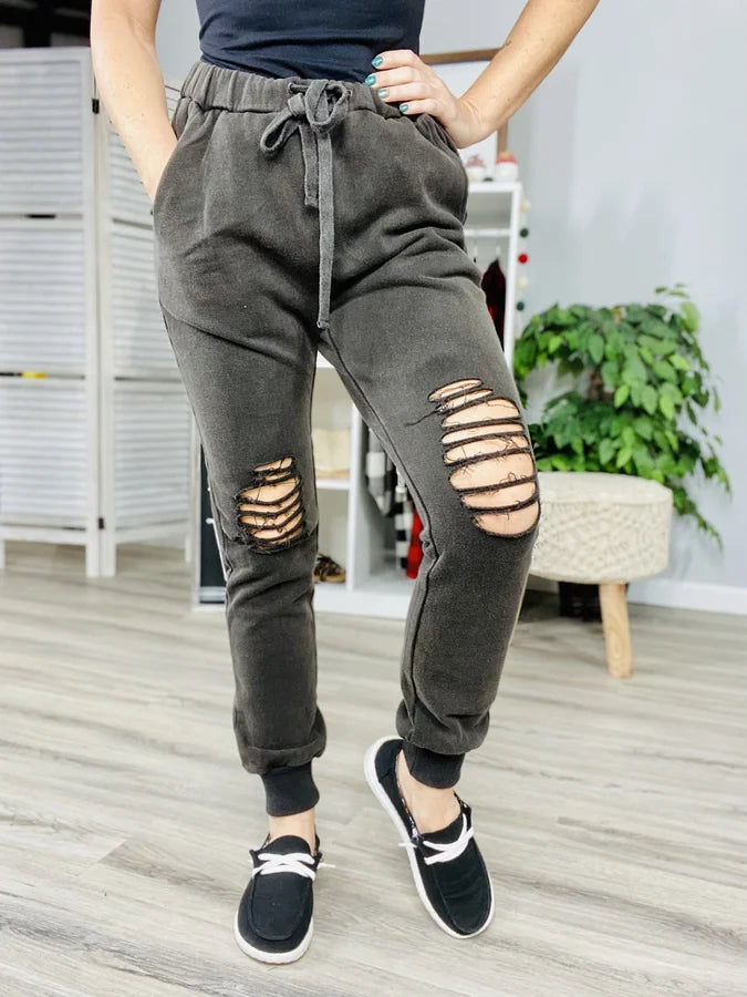 Reg/Plus Black Mineral Wash Distressed Joggers