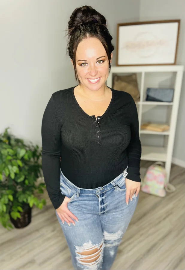Reg/Plus Black Button-Down Long Sleeve Bodysuit