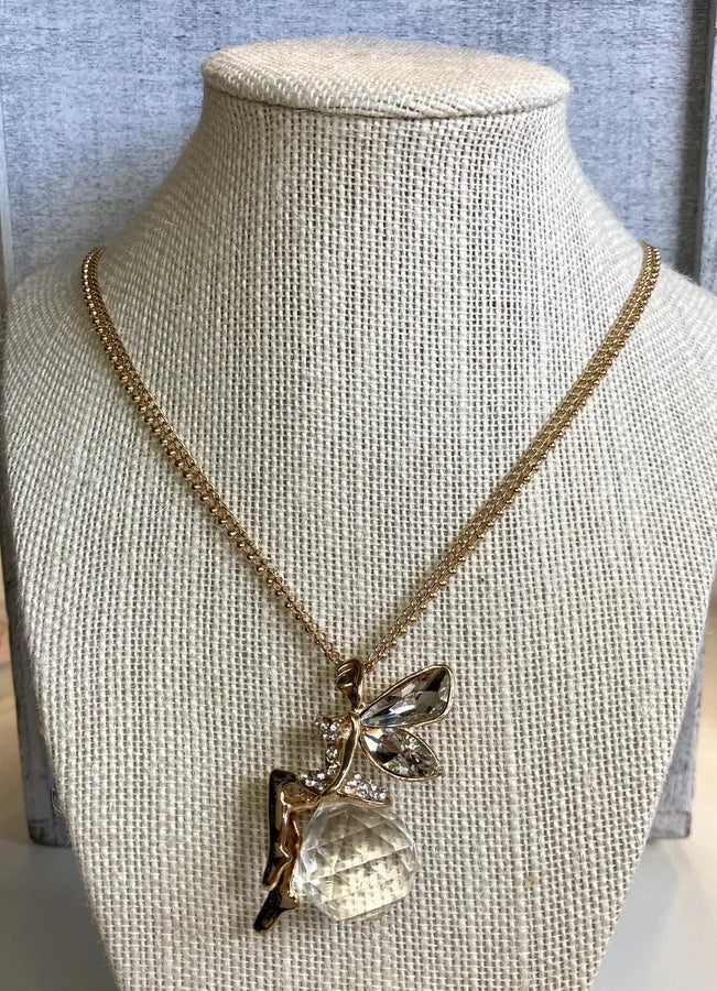 Gold Double Chain Necklace w/ Crystal & Fairy Pendant