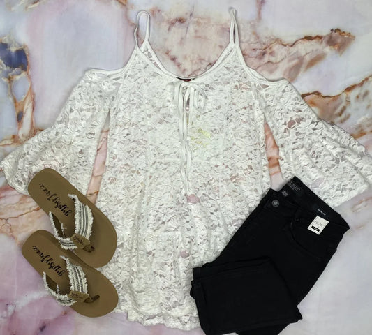 White Floral Lace 3/4 Sleeve Cold Shoulder Top w/ Tie Detail