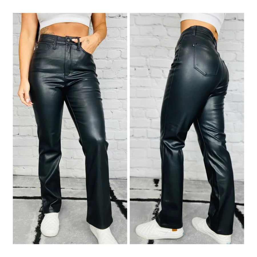 Judy Blue - "Denise" Black High-Waisted Tummy Control Faux Leather Jeans