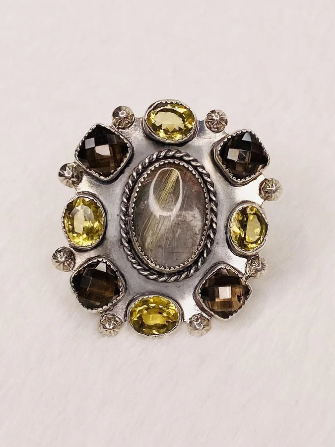 Natural Rutilated Quartz, Smoky Quartz, & Lemon Quartz Sterling Silver Ring - Size 7