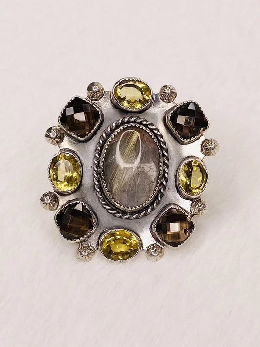 Natural Rutilated Quartz, Smoky Quartz, & Lemon Quartz Sterling Silver Ring - Size 7