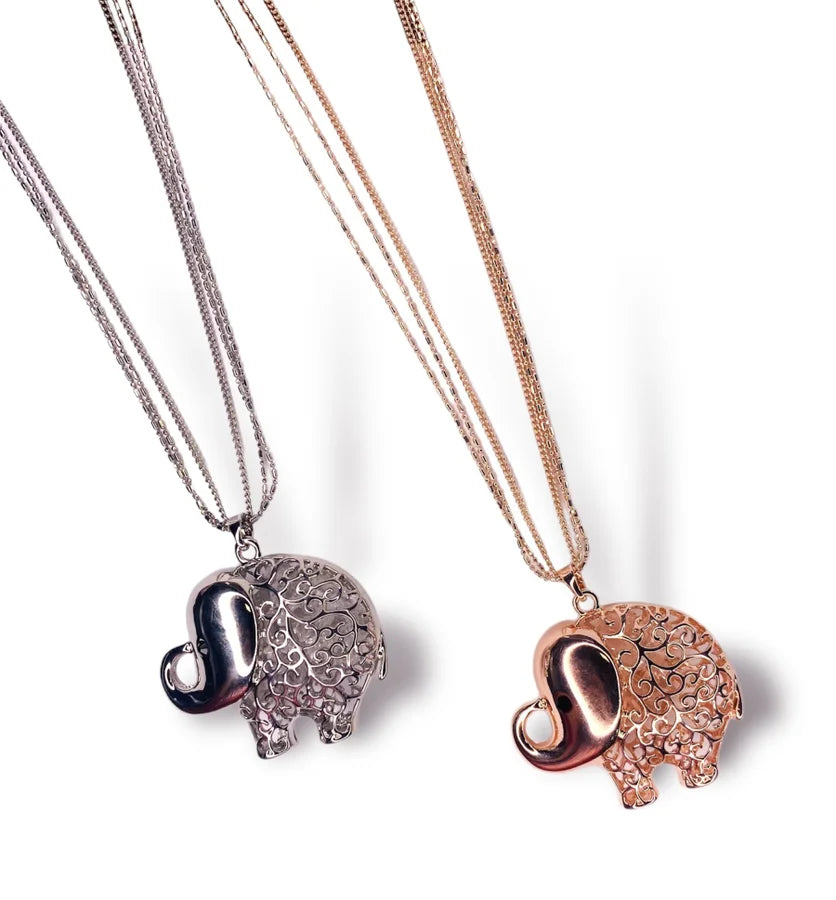 Triple Chain Necklace w/ Large Hollow Elephant Pendant