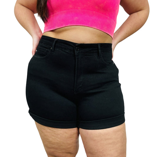 Judy Blue - "Sally" Black High-Waisted Tummy Control Cuffed Shorts