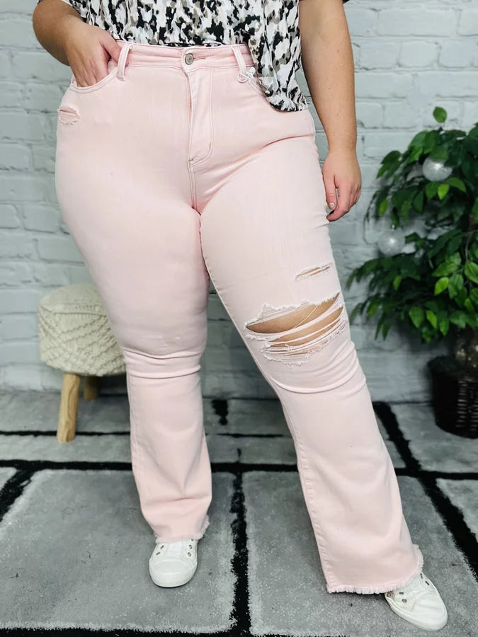 Judy Blue - "Olivia" Pastel Pink Mid-Rise Flare Jeans - Reg/Plus