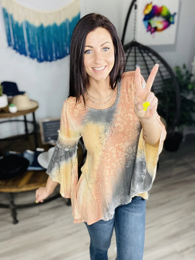 Reg. Peach/Grey Leopard Tie Dye Bell Sleeve Top