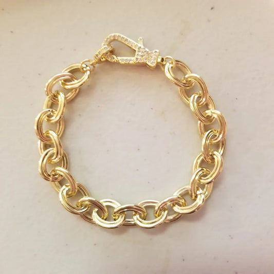 Gold Plated Chain w/ Pave Cubic Zirconia Closure Bracelet - 7" +1