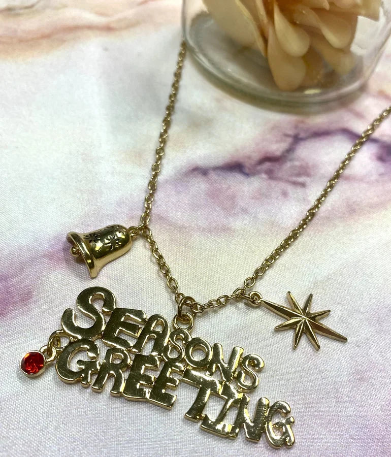 "Seasons Greetings" Necklace w/ Gem/Star/Bell Charms