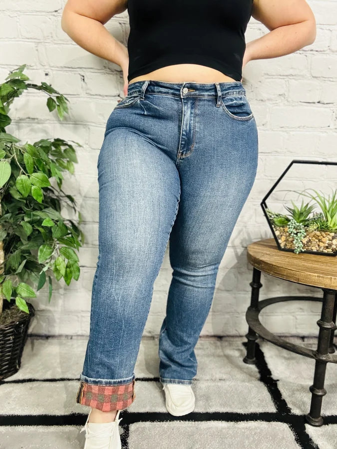 Judy Blue - "Ginger" Medium Blue High-Waisted Straight Leg Jeans (w/ Hidden Plaid Cuff)