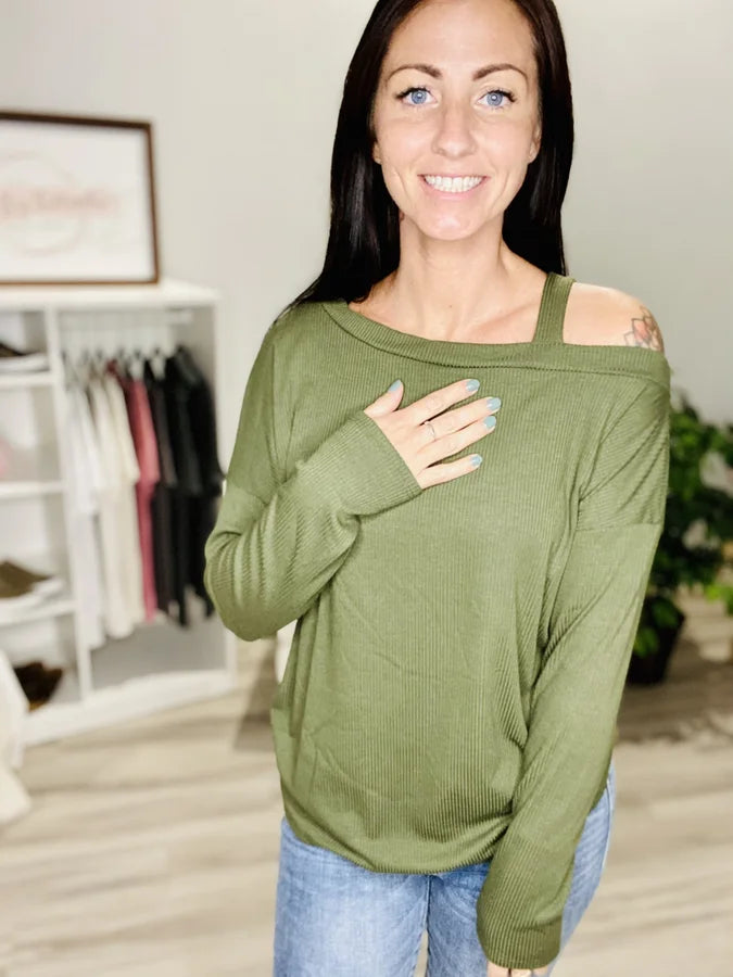 Reg/Plus Olive Ribbed Cold Shoulder Long Sleeve Top