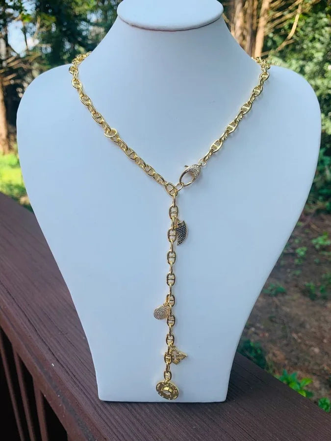 18 Kt. Gold Plated Charm Necklace w/ Cubic Zirconia Clasp - 18"