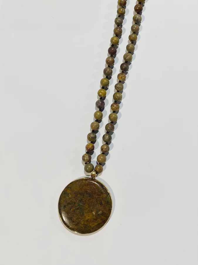 Jasper Beaded Necklace w/ Round Pendant