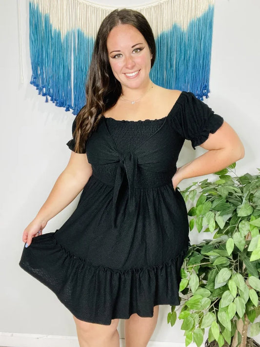 Black Smocked Short Sleeve Knit Dress
