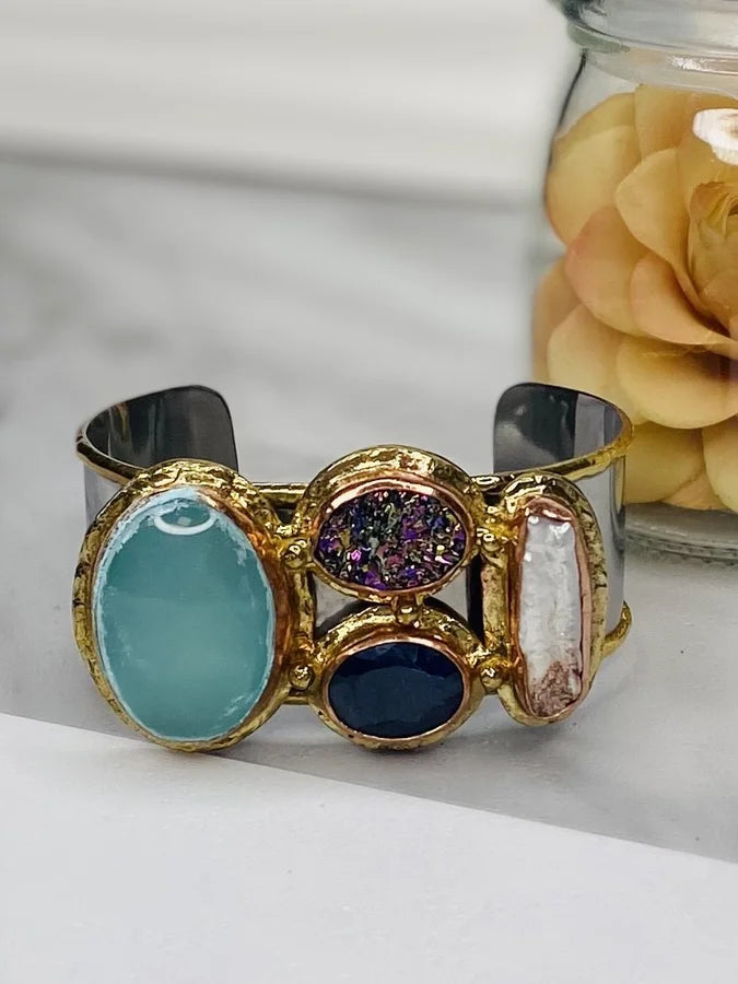 Gold & Silver Druzy/Mixed Stone Cuff Bracelet