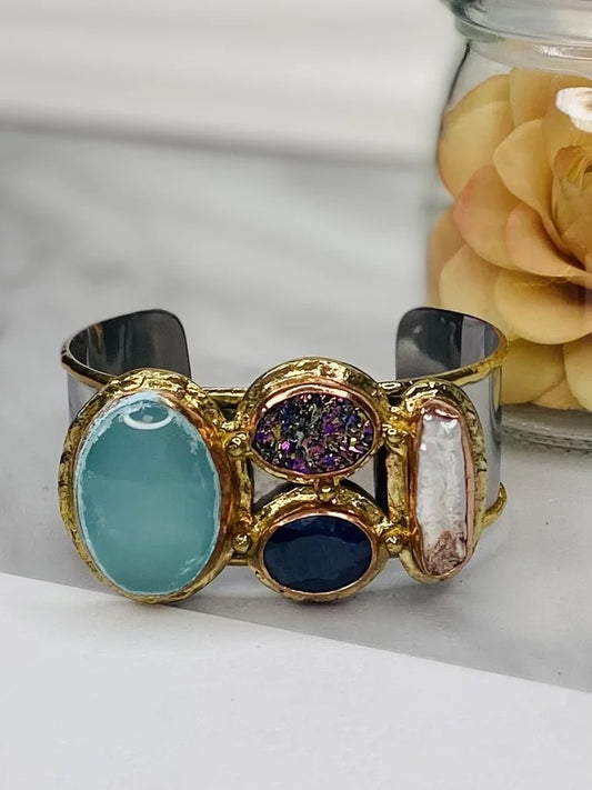 Gold & Silver Druzy/Mixed Stone Cuff Bracelet