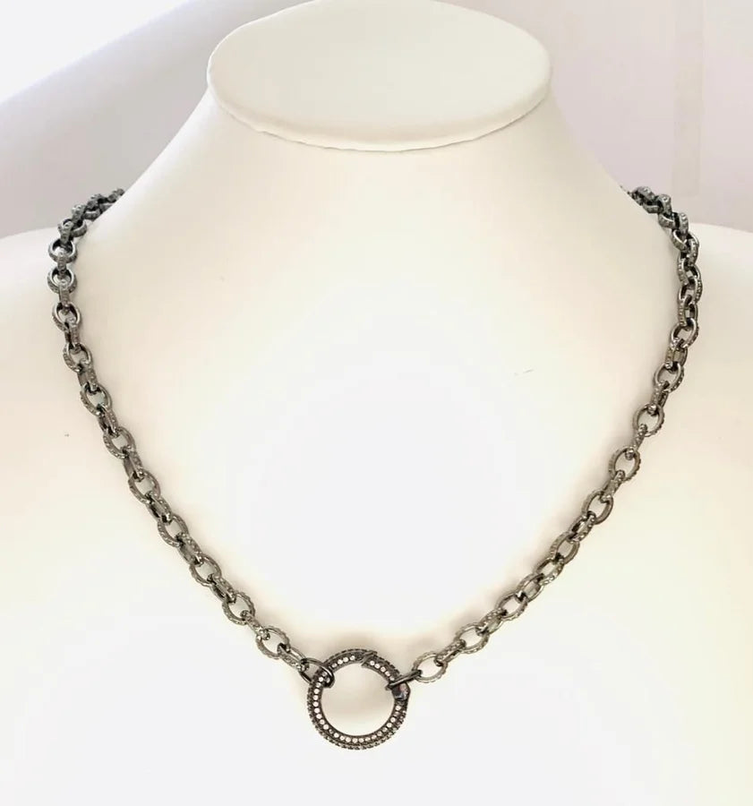 Gunmetal Plated Chain w/ Pave Cubic Zirconia Spring Clasp - 18"