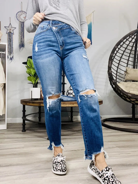 "Venus" Crossover Distressed Girlfriend Jeans -  Reg/Plus