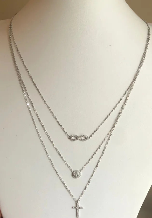 Sterling Silver Cross, Infinity Layered Charm Necklace - 16" +2