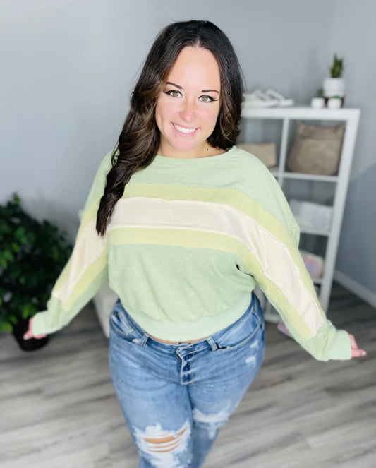 Reg. Light Green French Terry Frayed Long Sleeve Top