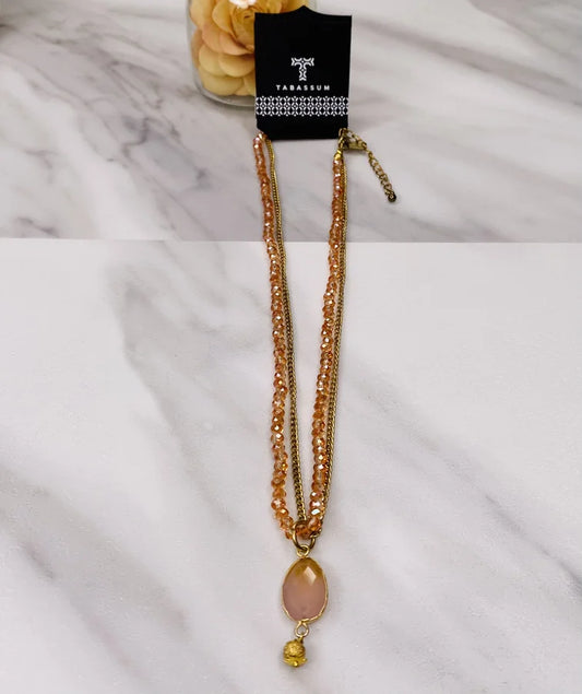 Gold & Peach Beaded Necklace w/ Stone Pendant