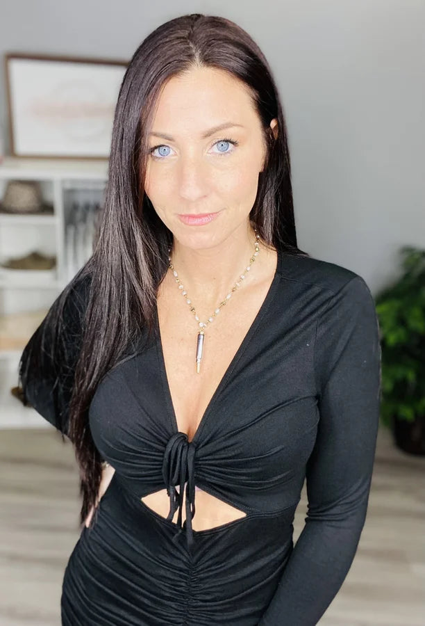 Reg/Plus Black Ruched Peek-a-Boo Dress