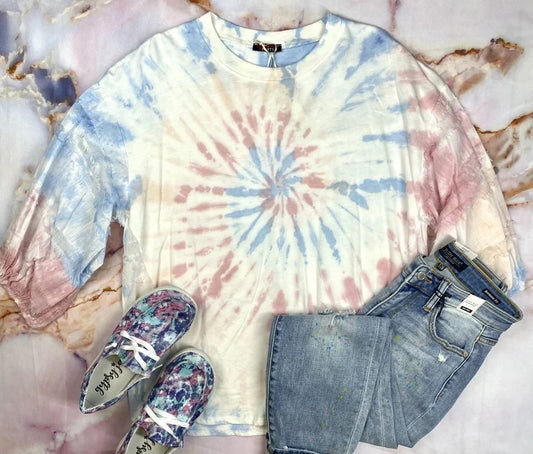 White/Pink/Blue Spiral Tie Dye 3/4 Sleeve Top w/ Bubble Sleeves & Side Slits