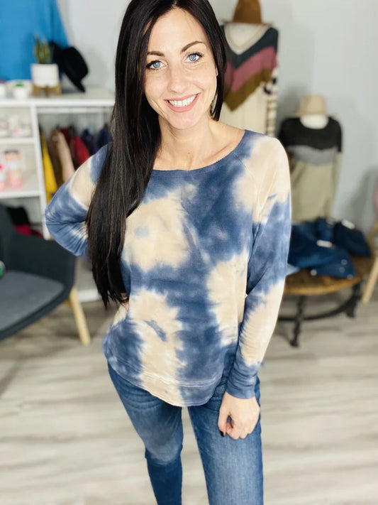 Reg. Denim/Sand Tie Dye Raw Edge Long Sleeve Top