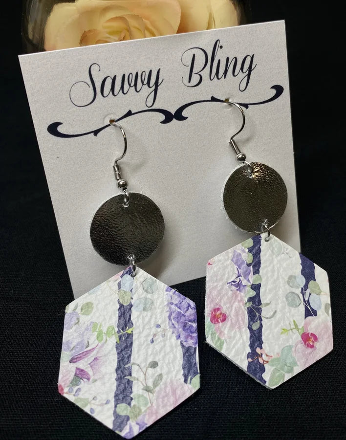 Savvy Bling Lilac & Pink Floral Hexagon Leather Earrings w/ Navy Stripe