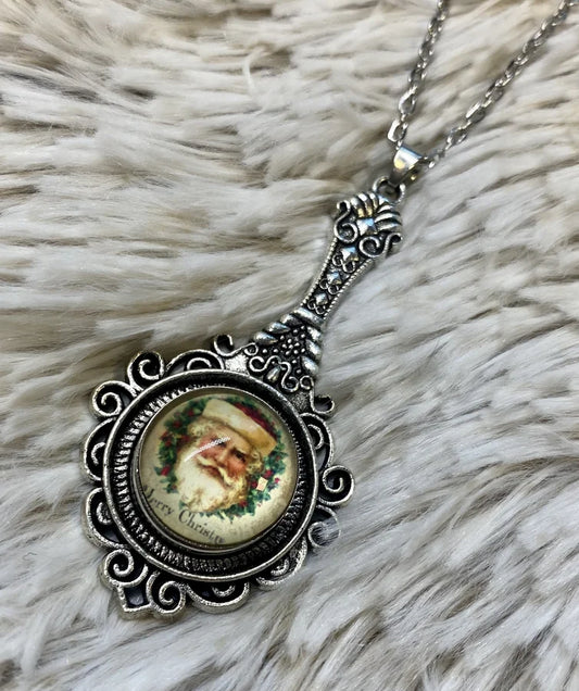 Silver Hand Mirror-Shaped Engraved Necklace w/ Assorted Santa Snap