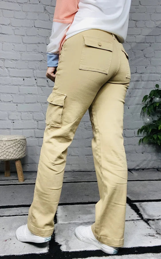 Judy Blue - "Amber" Mid-Rise Khaki Dyed Cargo Straight Leg Jeans - Reg/Plus